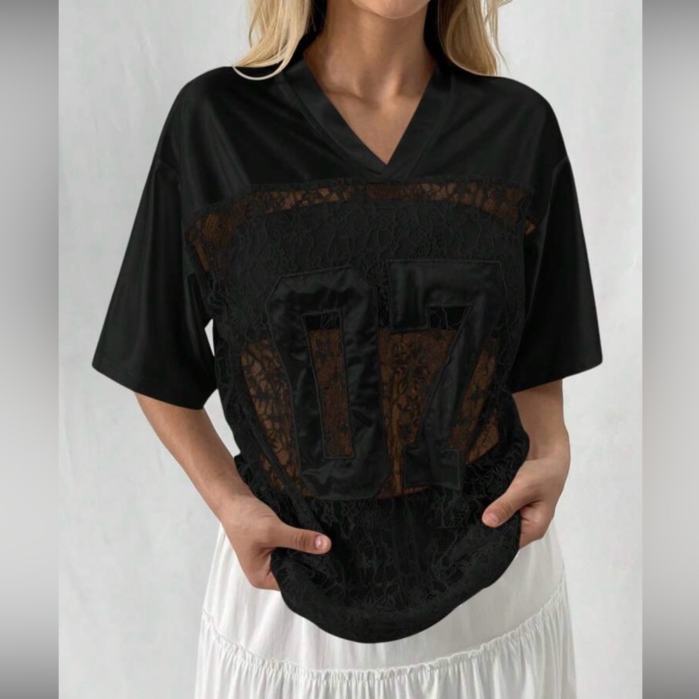 Black Lace Panel V-Neck Graphic Top